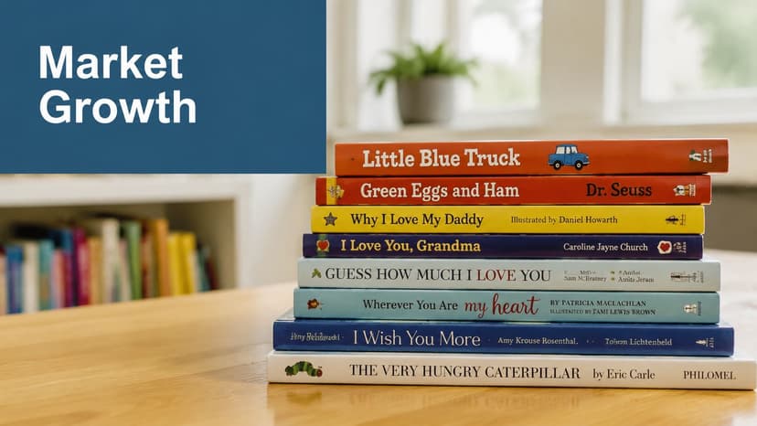 A stack of popular children's books rests on a wooden table in a brightly lit room.