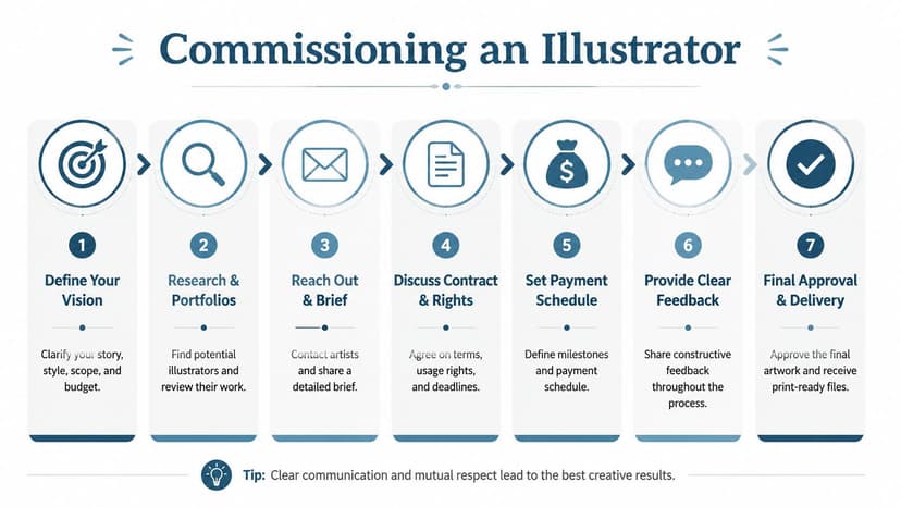 A seven-step infographic showing the professional process of commissioning an illustrator for creative projects.