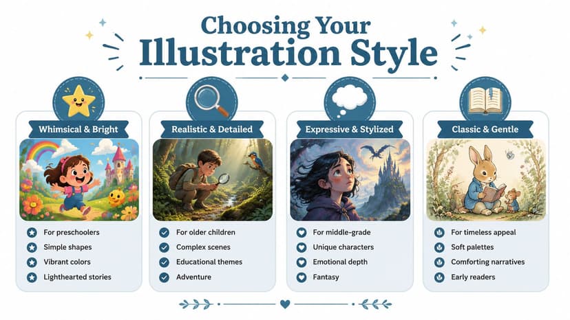 A colorful infographic guide titled Choosing Your Illustration Style featuring four distinct art styles for children's books.