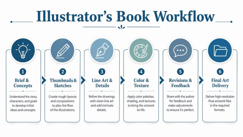 An illustrated infographic flowchart outlining the six-step professional workflow for a children's book illustrator.
