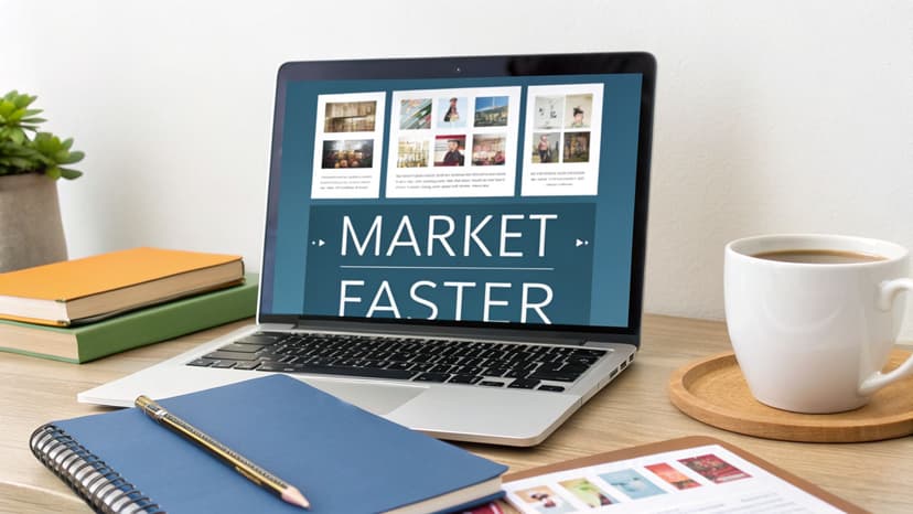 A workspace featuring a laptop displaying 'Market Faster', surrounded by creative and office essentials.