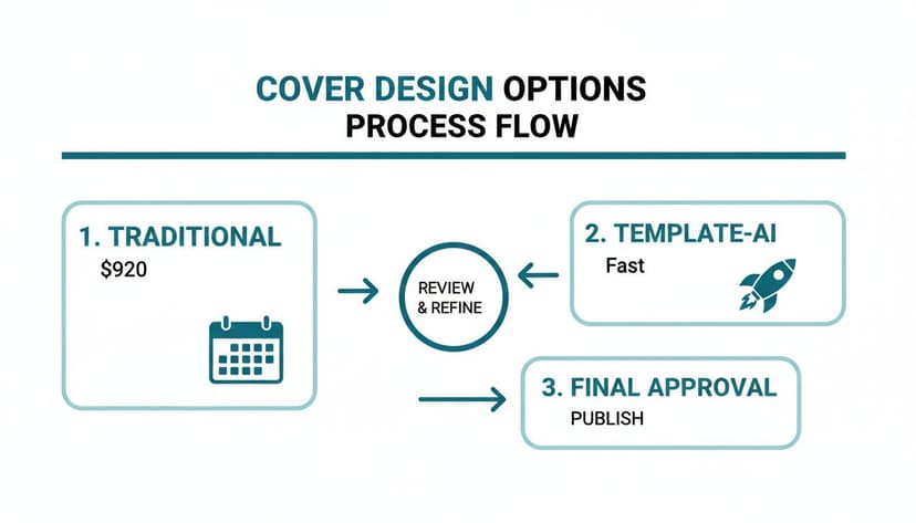 A process flow diagram comparing traditional and AI template cover design options, leading to review and final approval.