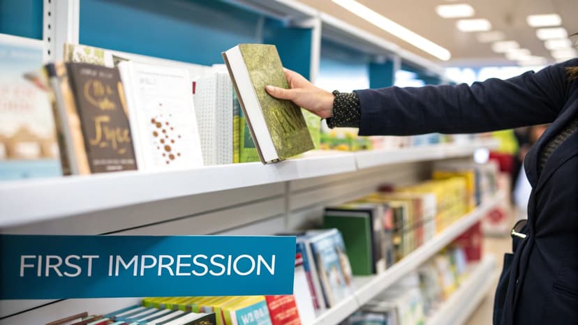 A person's hand picks a textured green book from a white shelf in a bookstore or library.