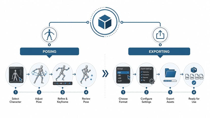 A diagram illustrating the workflow of posing and exporting 3D character models for animation and design.