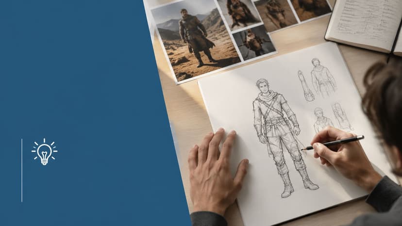 An artist sketching a character design on a notepad with reference photos displayed on a desk.