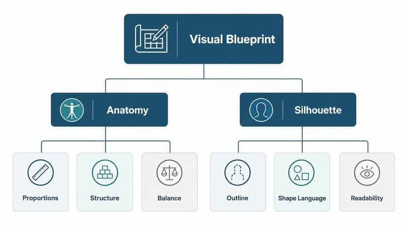 A diagram titled Visual Blueprint showing the key elements of anatomy and silhouette for character design.