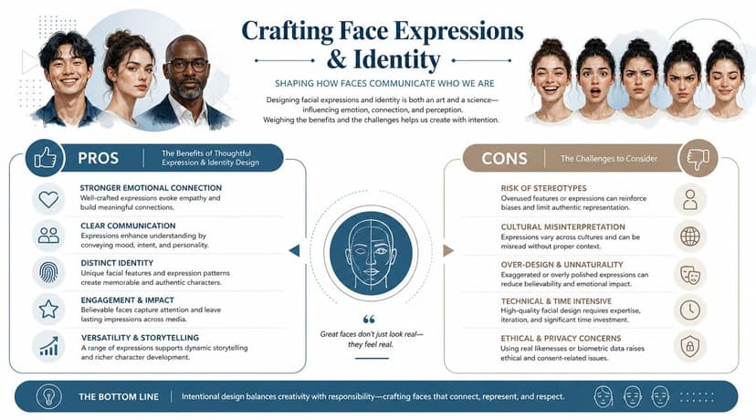 An infographic titled Crafting Face Expressions and Identity showing the pros and cons of facial design.