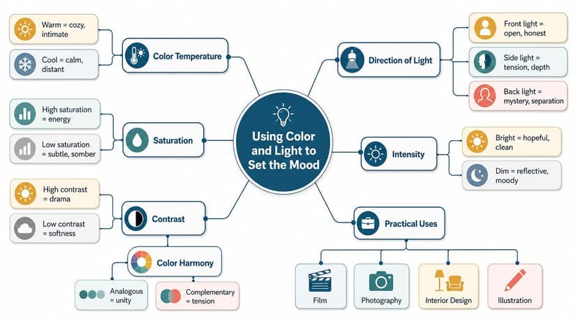 A mind map illustrating how color and light settings influence mood in creative design and media.