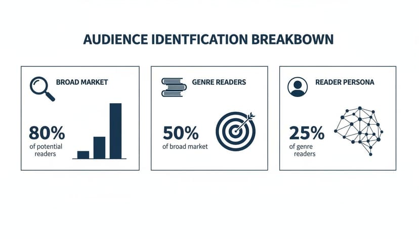 An infographic detailing audience identification breakdown from broad market to reader persona with percentages.