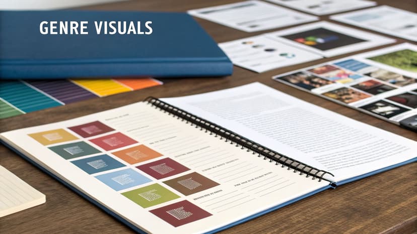 A wooden desk with a blue binder, colorful paper swatches, an open notebook with visuals, and scattered documents.