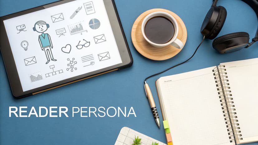 A flat lay of a workspace with a tablet displaying a 'Reader Persona' profile, coffee, headphones, and a notebook.