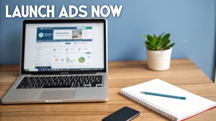 A laptop on a wooden desk showing an analytics dashboard, with a plant, notebook, and phone. Text reads 'LAUNCH ADS NOW'.