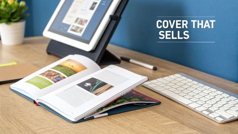 A professional desk setup featuring an open book, a tablet in a stand, and a keyboard.