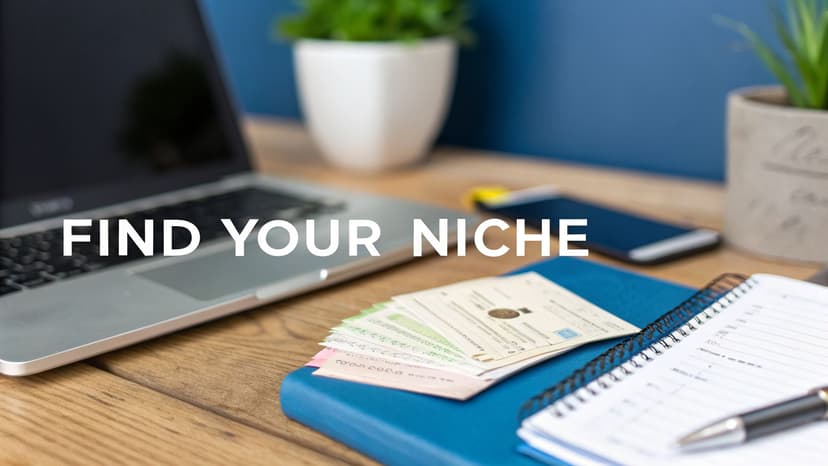 A blurred image of a desk with a laptop, plant, smartphone, notebook, and papers, overlaid with the text 'FIND YOUR NICHE'.