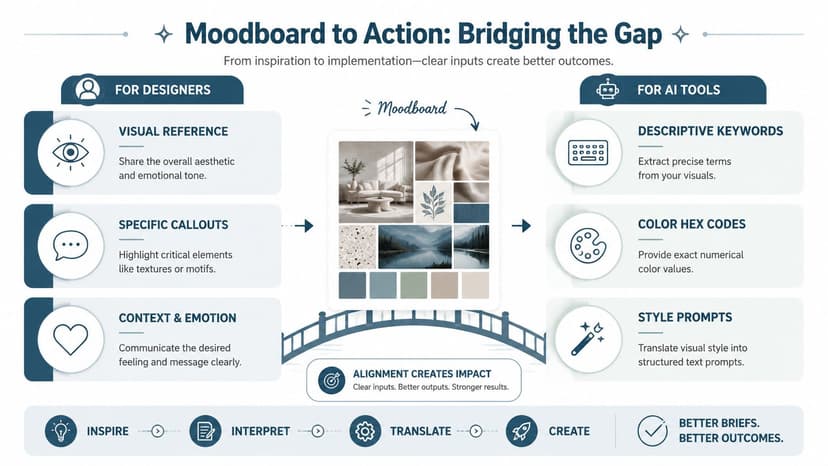 An infographic showing the process of bridging a visual moodboard with AI-driven design implementation workflows.