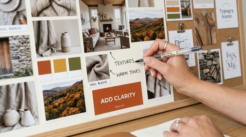 A person writing on a creative moodboard featuring interior design photos, fabric samples, and color swatches.