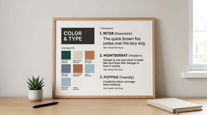 A framed graphic design moodboard featuring a color palette and three different typography options on a desk.