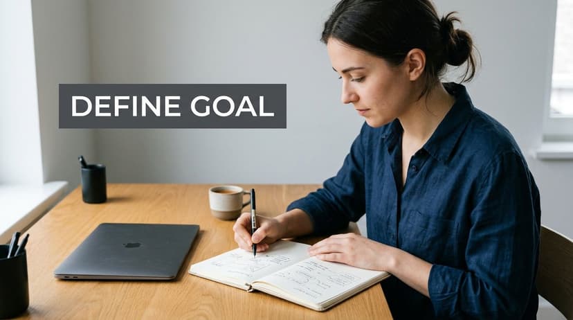 A woman focused on defining goals while sketching project plans in a notebook at her wooden desk.