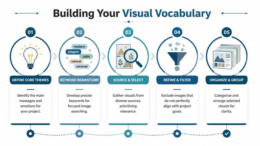 A five-step infographic showing the process of building a visual vocabulary for design projects.