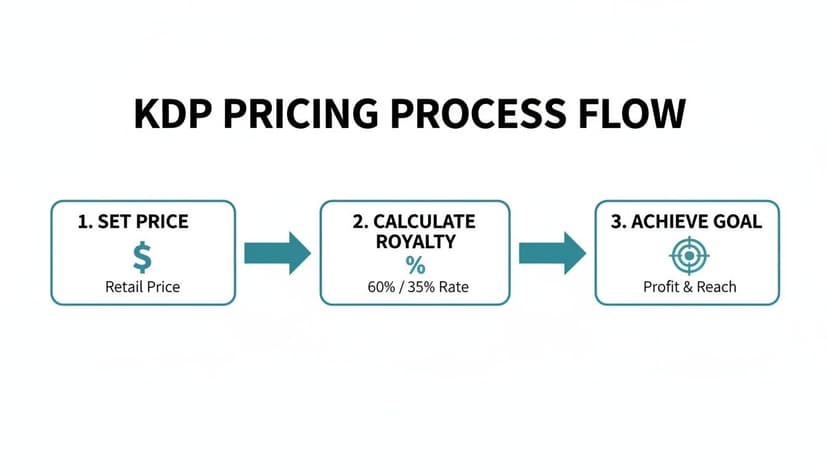 A KDP pricing process flowchart showing steps: Set Price, Calculate Royalty, and Achieve Goal.