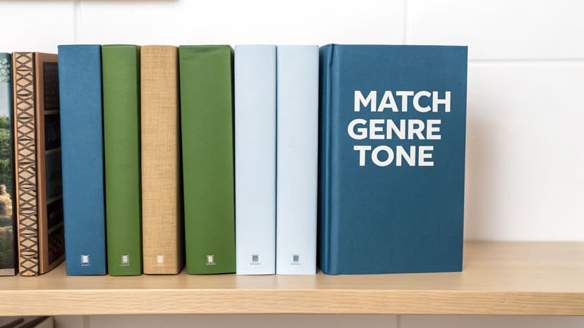 A row of colorful books on a wooden shelf, one titled 'MATCH GENRE TONE'.