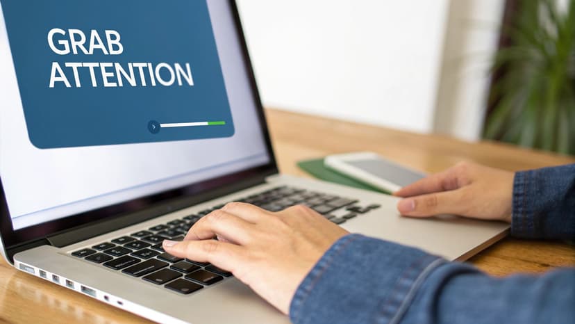 Hands typing on laptop with screen showing 'GRAB ATTENTION' presentation and a progress bar.