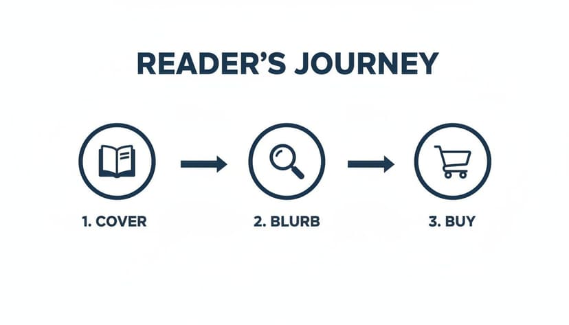Diagram illustrating the reader's journey from discovering a book's cover and blurb to buying it.