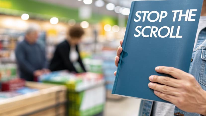 A person holds a blue book with 'STOP THE SCROLL' on its cover in a blurry store setting.