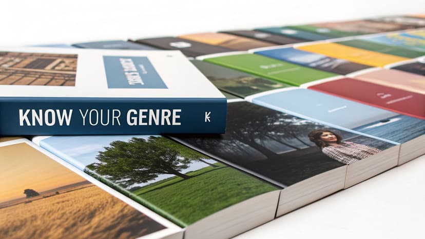 A close-up of numerous colorful book covers, with one titled 'KNOW YOUR GENRE' in the foreground.