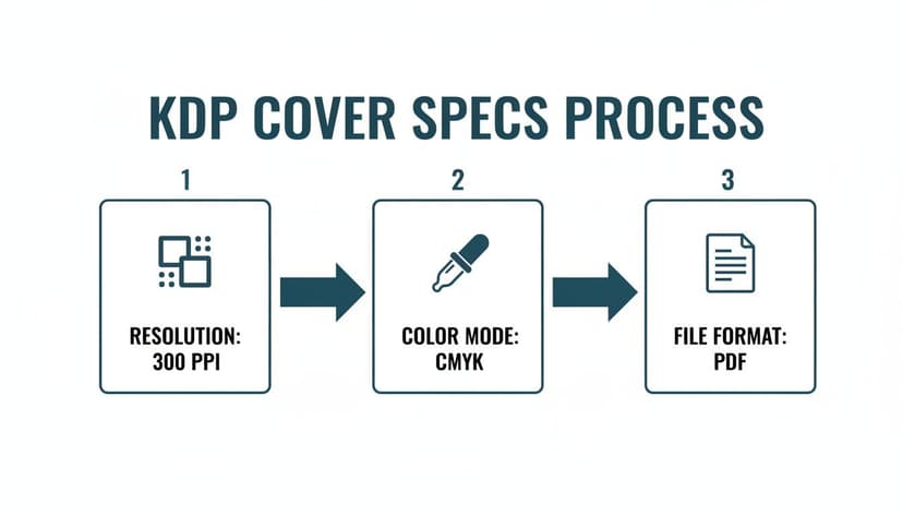 Flowchart detailing KDP cover specifications process, including 300 PPI resolution, CMYK color mode, and PDF file format.