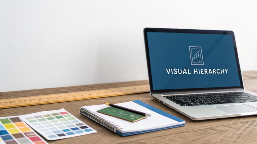 A designer's desk with a laptop displaying 'VISUAL HIERARCHY,' color palettes, a ruler, and a notebook.