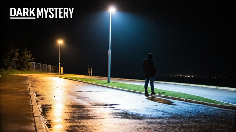 A mysterious figure in a hoodie stands under a blue streetlamp on a wet, dark street at night.