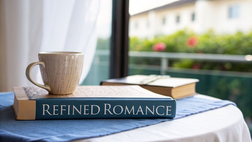 A blue book titled "REFINED ROMANCE" with a coffee mug on a table by a window, blurred background.