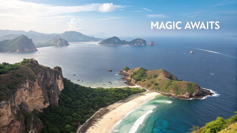 An aerial view of a breathtaking tropical coastline with turquoise waters, white sand beaches, and lush green islands.