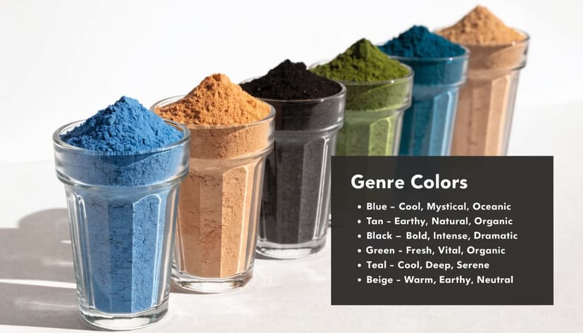 Six clear glasses filled with vibrant, colorful powders, each labeled with associated mood and genre descriptors.