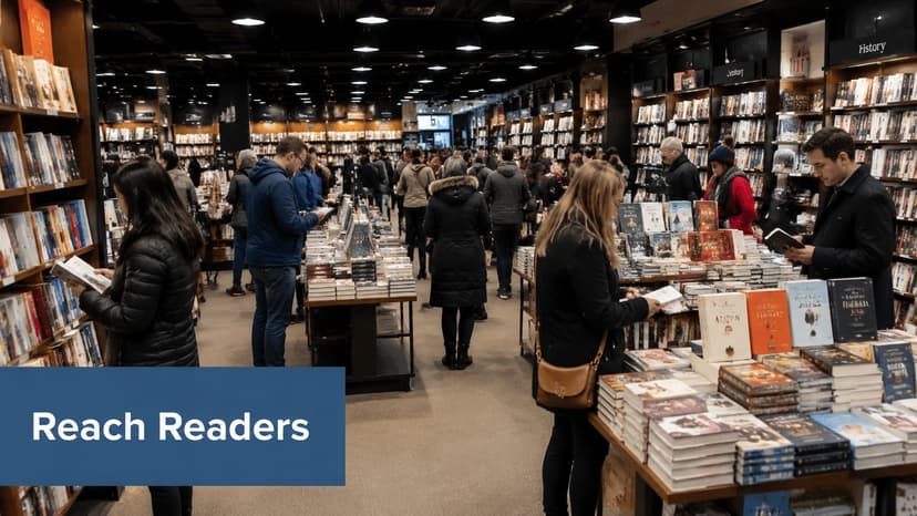 People browsing and reading books inside a large, well-stocked bookstore with many shelves and aisles.