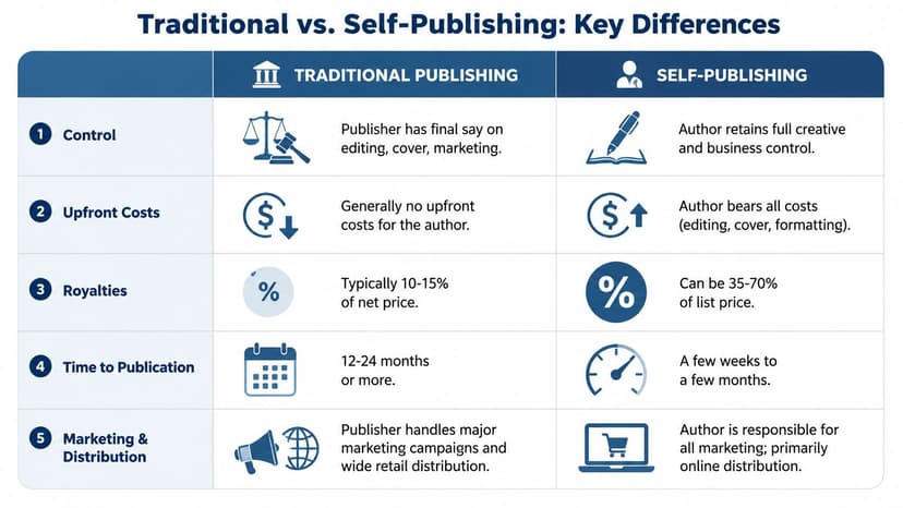 A comparison chart outlining the key differences between traditional publishing and self-publishing for authors.