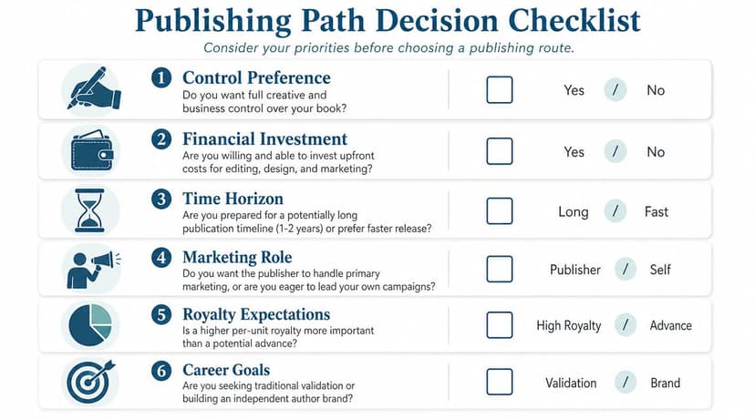 A checklist chart helping authors decide between traditional publishing and self-publishing based on their personal priorities.