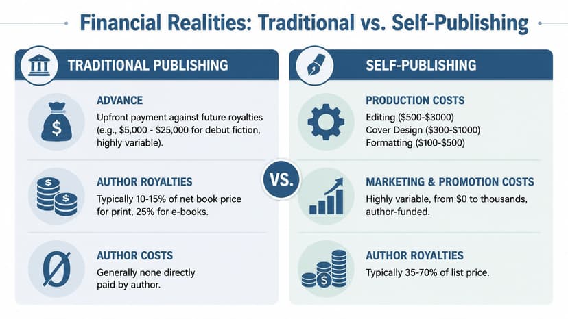 A comparison chart outlining the financial differences between traditional publishing and self-publishing for authors.