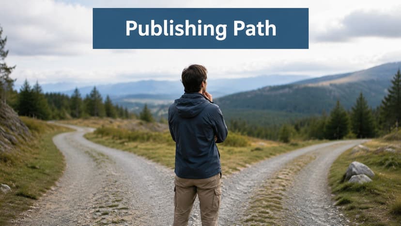 A man standing at a fork in the road contemplating his publishing path in the mountains.