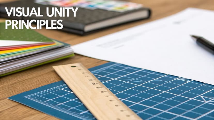 Design workspace with a ruler, cutting mat, notebooks, and pen, illustrating visual unity principles.
