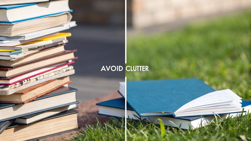 A visual comparison of a messy pile of books versus organized books on grass, illustrating 'avoid clutter'.
