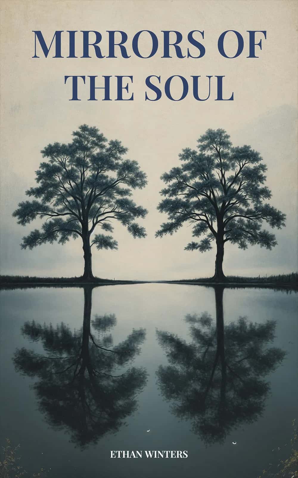 AI book cover generator nonfiction photoreal: two trees reflected symmetrically in still water for "Mirrors of the Soul".