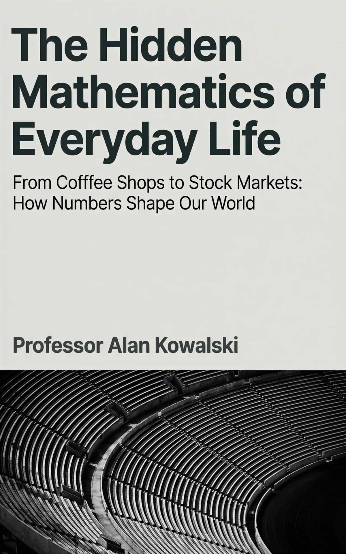 AI book cover generator non-fiction split-field photo: minimalist typography with architectural ribbed structure detail for 'The Hidden Mathematics of Everyday Life'.