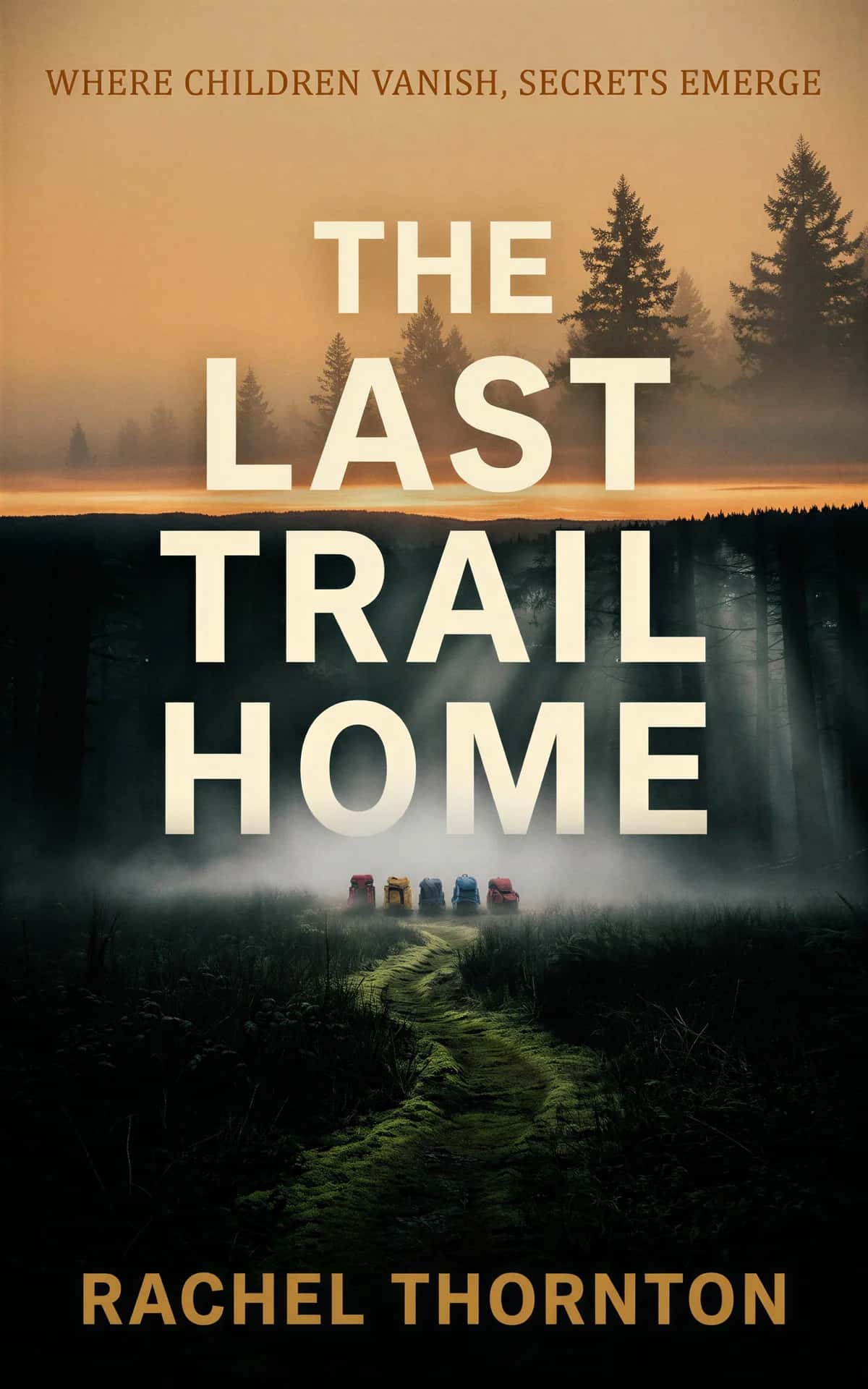 AI book cover generator thriller sunset-silhouette: misty forest landscape with abandoned vehicles on overgrown trail at dusk for "The Last Trail Home".