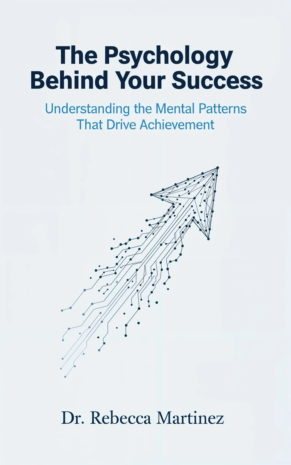 AI book cover generator self-help minimalist: upward-pointing arrow composed of connected nodes and dotted lines on light background for "The Psychology Behind Your Success".