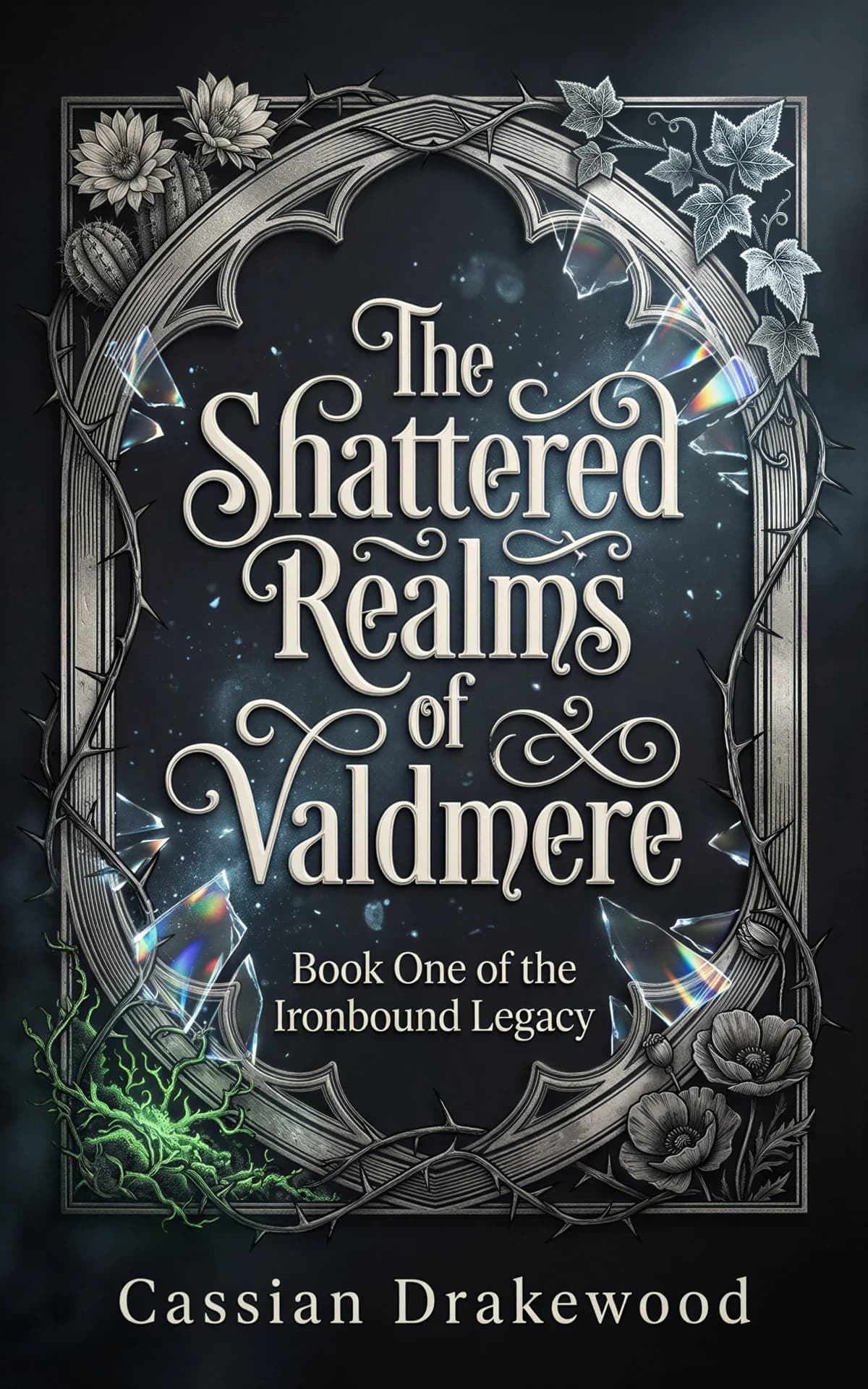 AI book cover generator fantasy dark-ornate-floral-frame: intricate botanical border with shattered crystal shards and mystical starfield for "The Shattered Realms of Valdmere".